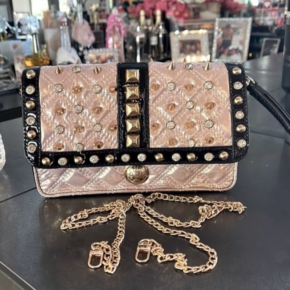 haiying snider Handbags - Black Patent Leather Shimmery Pink Quilted Studded Crossbody Purse